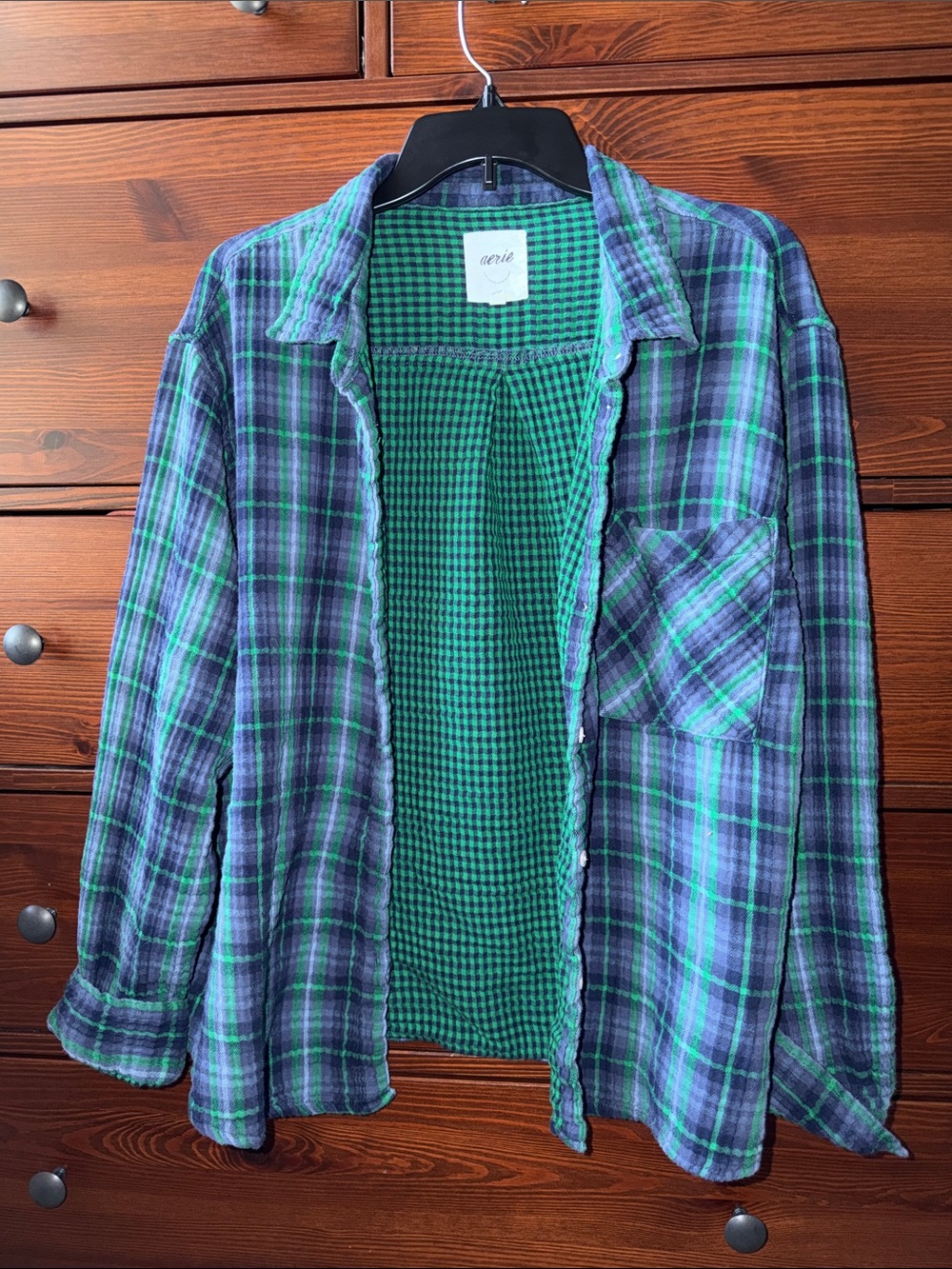 Aerie Green & Navy Plaid Mesh Flannel Shirt Jacket | XXL